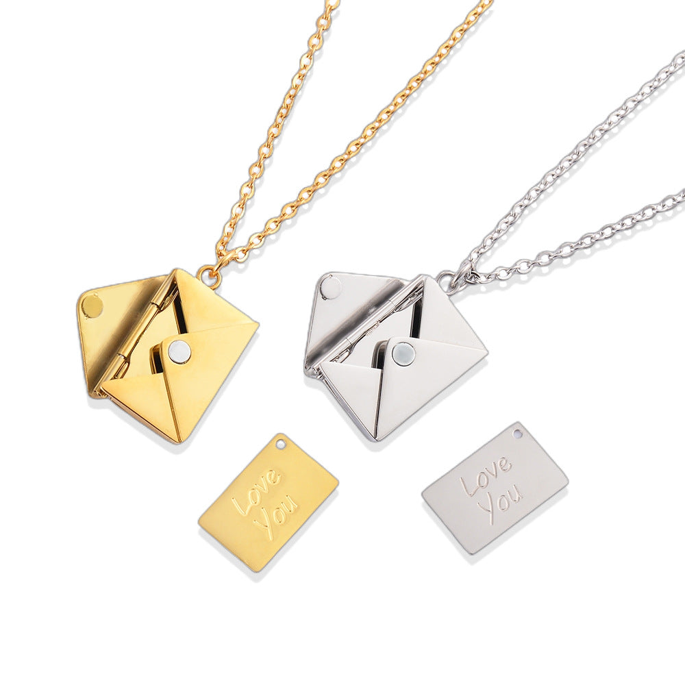 Engraved Love Letter Envelope Necklace Stainless Steel Couple Pendant